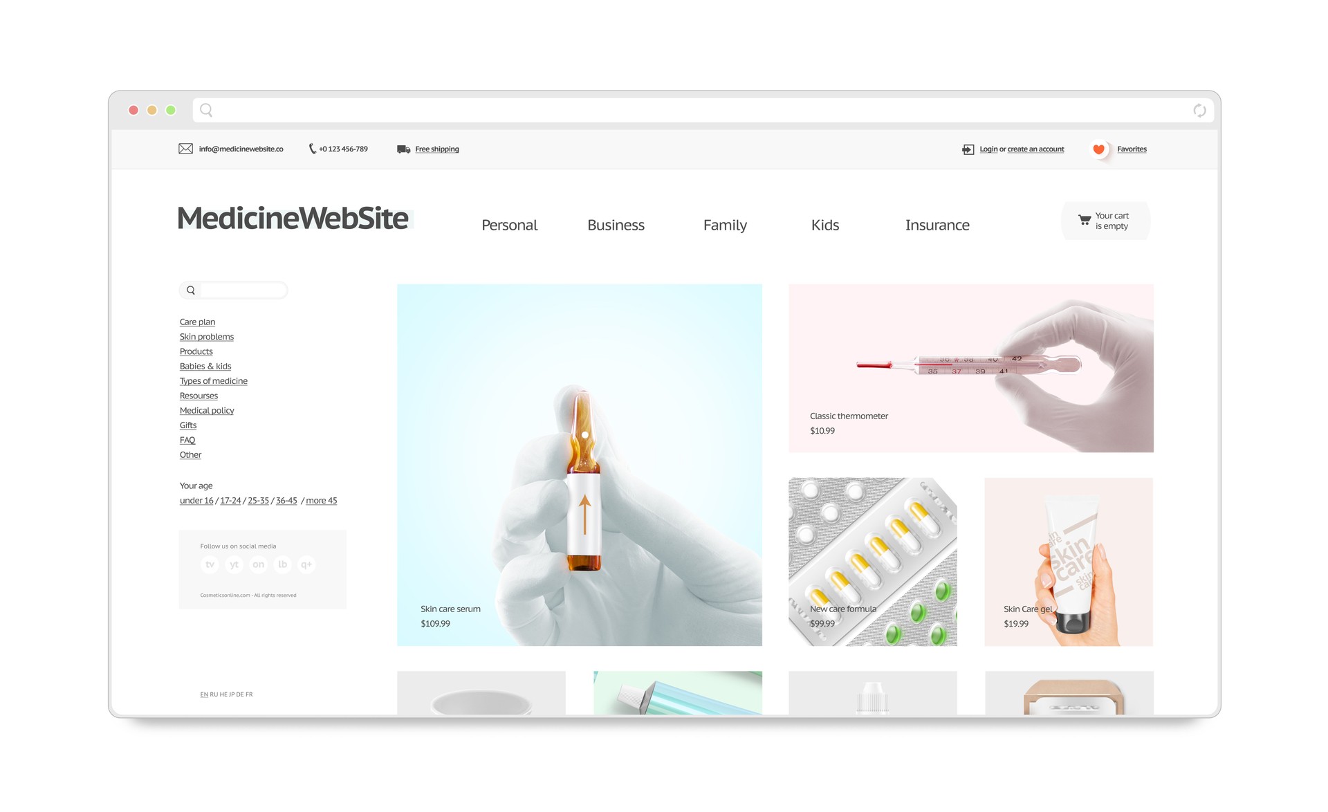 Medicine webstore site template mock up isolated